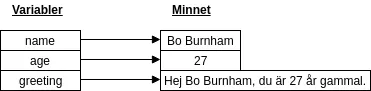 Variablerna 'name' och 'greeting' har värden i minnet.